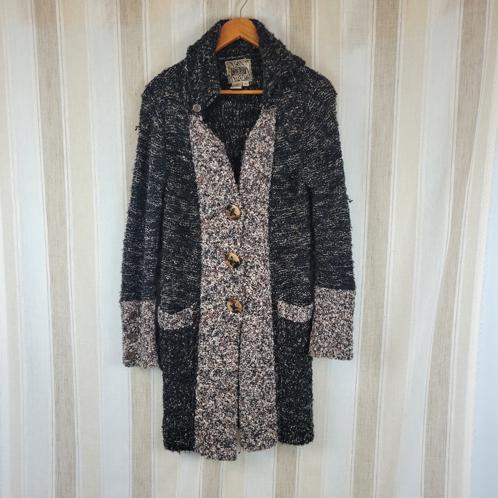 Vintage Curio Longline Knit Cardigan Sweater Black Gray Size Small